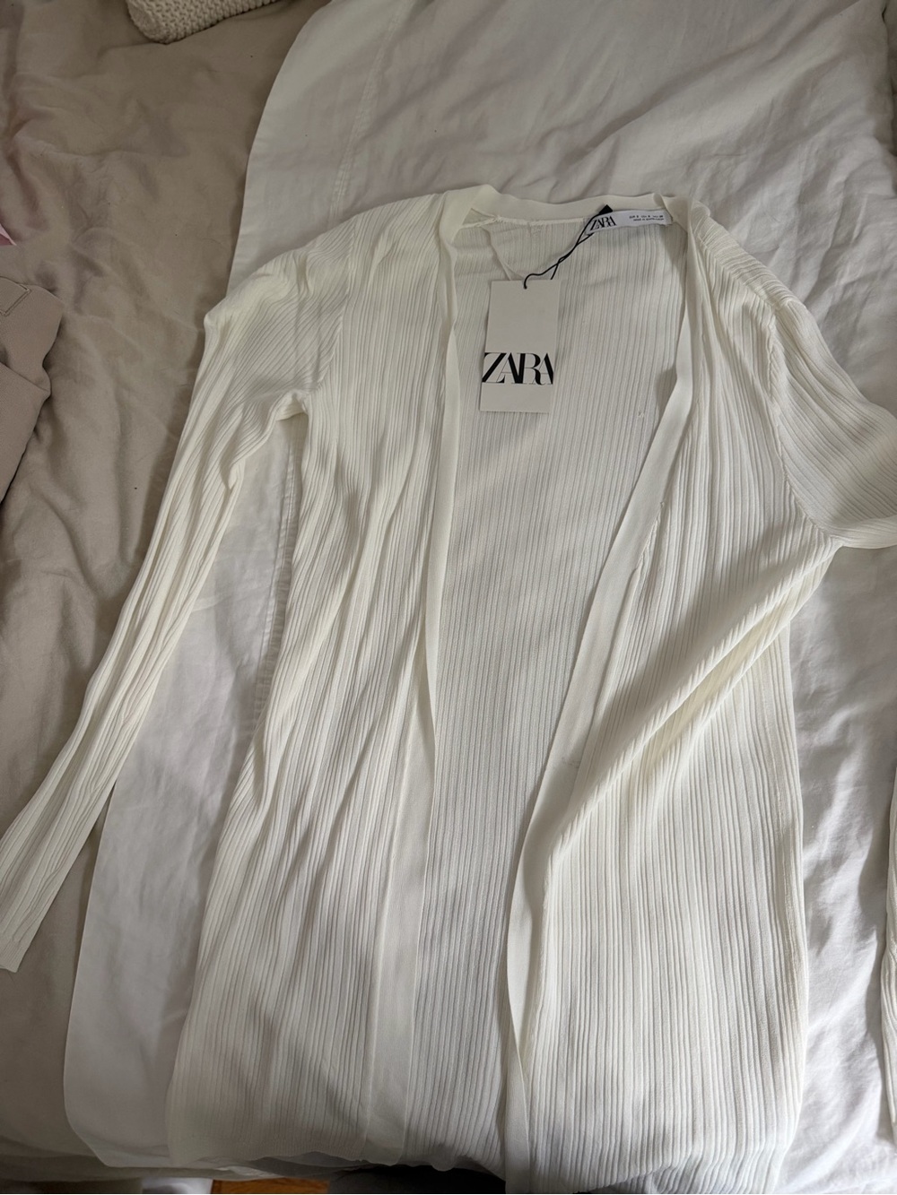 ZARA Women's White Ribbed Open-Front Cardigan